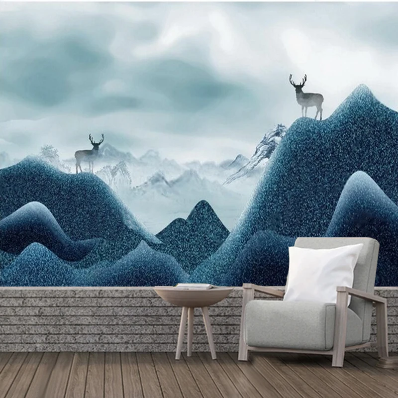 Chinese-Style Blue Ink Landscape With Poetic Mood Of Mountains And Clouds Dense Fog Clear Silhouette Of A Deer In The Painting