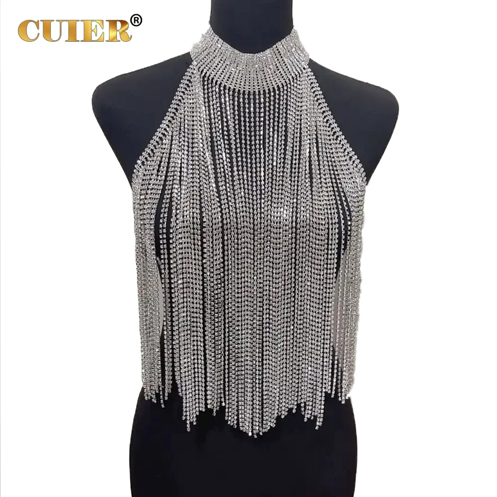 

CUIER Full Rhinestones Sleeveless Women's Suspender Top Sexy Body Chain Jewelry Bikini Accessories Crystal Night Club