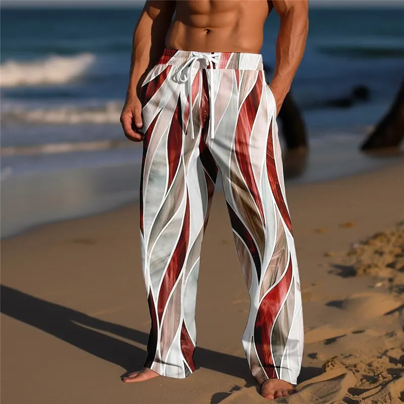 Men's Color Block Geometric Pattern Pants Trousers Mid Waist Drawstring Elastic Waist Casual Outdoor Wide-leg Trousers For Mens view 4