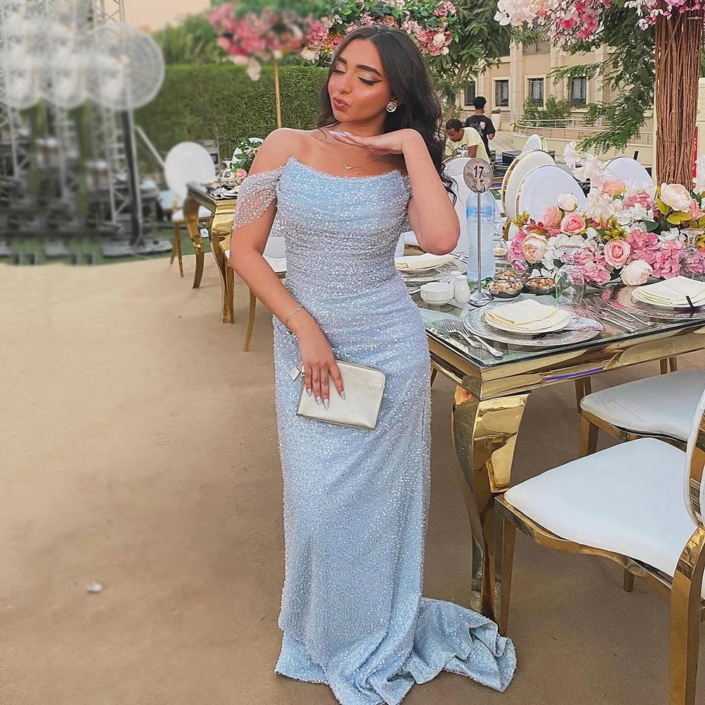 

Exquisite Sky Blue Shiny Wedding Party Dress Women Off The Shoulder Sequins Prom Dress Women Guest Formal Gown Cuatomized