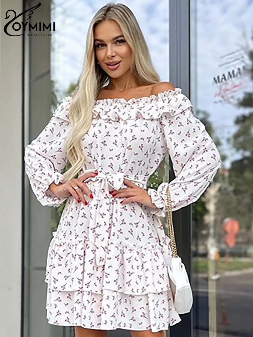 

Oymimi Fashion White Print Womens Dresses Elegant Strapless Long Sleeve Ruffled Dresses Casual Lace-Up Pleated Mini Dress Female