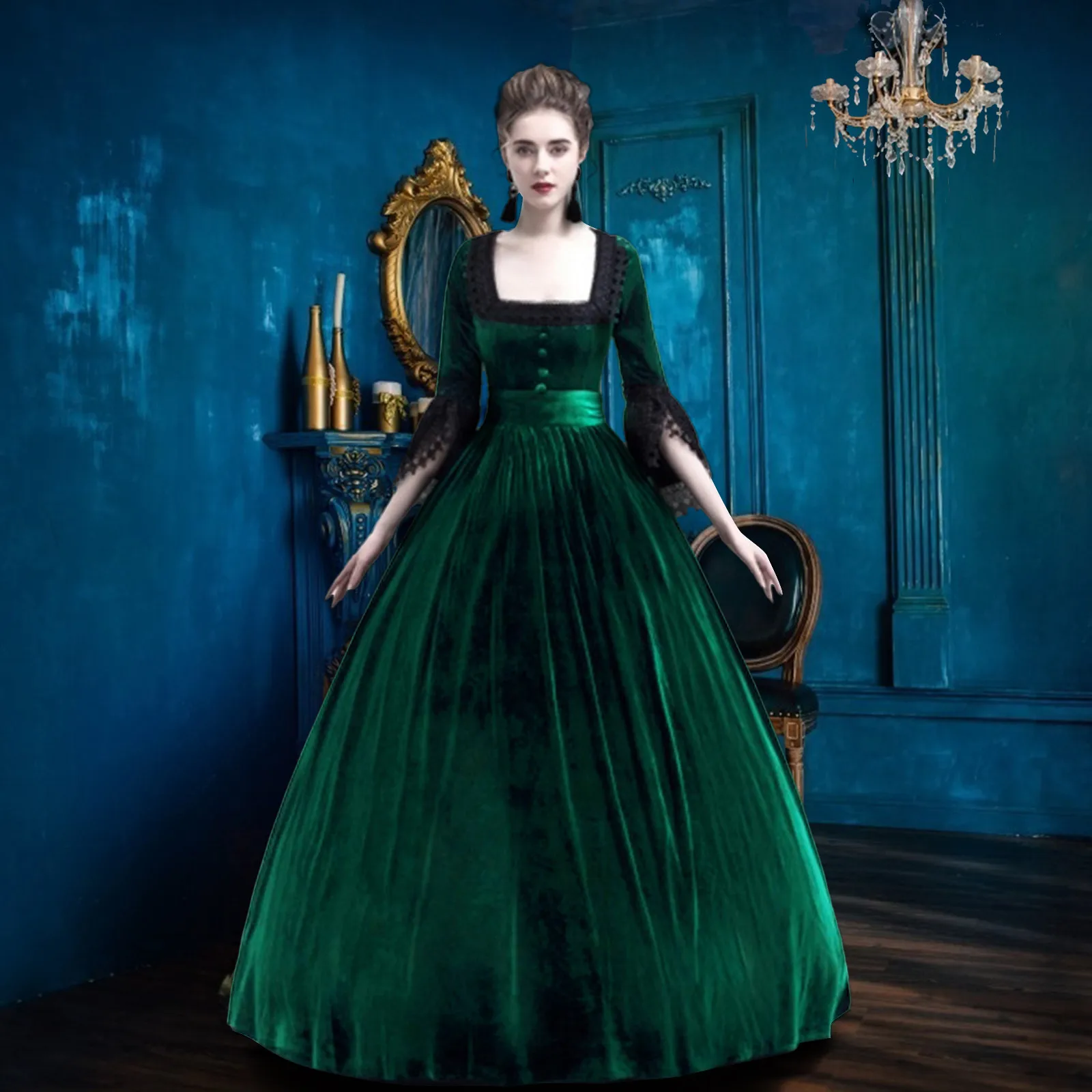 

Women European Medieval Court Fancy Vampire Cosplay Costume Carnival Halloween Vintage Strapless Long Sleeve Queen Elegant Dress