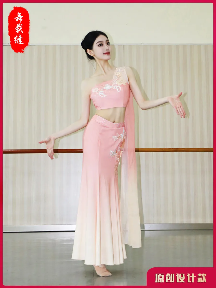 Women Dai Nationality Dance Wear Appliqued Crop Top Flowing Ribbon Gradient Long Skirt for Dance Training Recital Photo Shoot