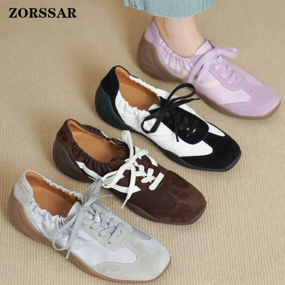 

2026 New Multi-Color Suede Leather Retro Sneakers Women Lace Up Ruched Strap Soft Sole Comfortable Breathable Daily Wear Shoes