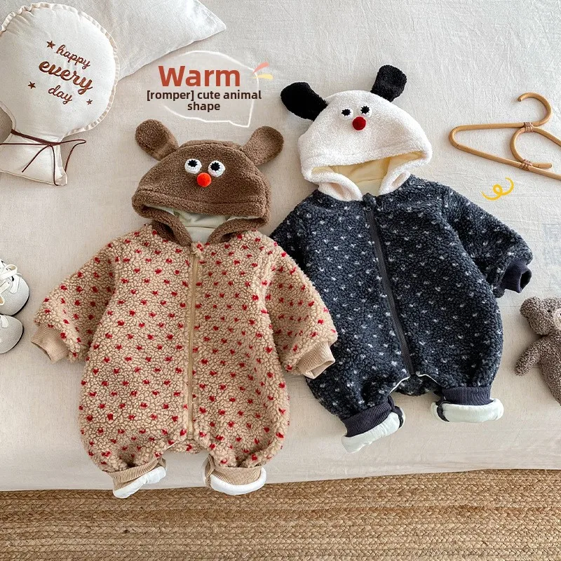 

Baby Lamb Fleece Jumpsuit 2025 Winter Baby Super Cute with Fleece Hooded Crawling Suit Newborn Thick Clothes