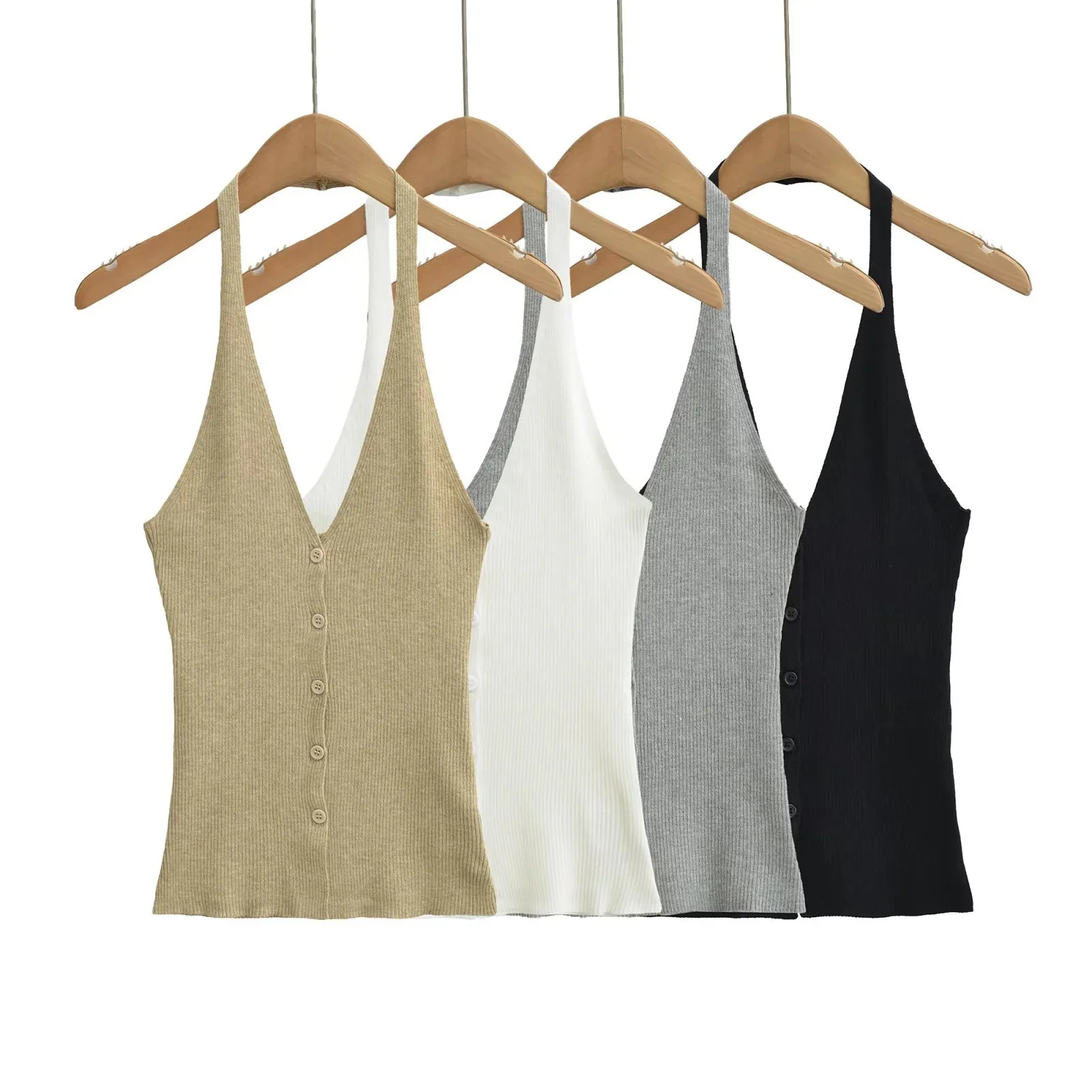 

Withered V-neck Halter Top Solid Color Outerwear Base Vest Single Breasted Large Backless Knit Sweater