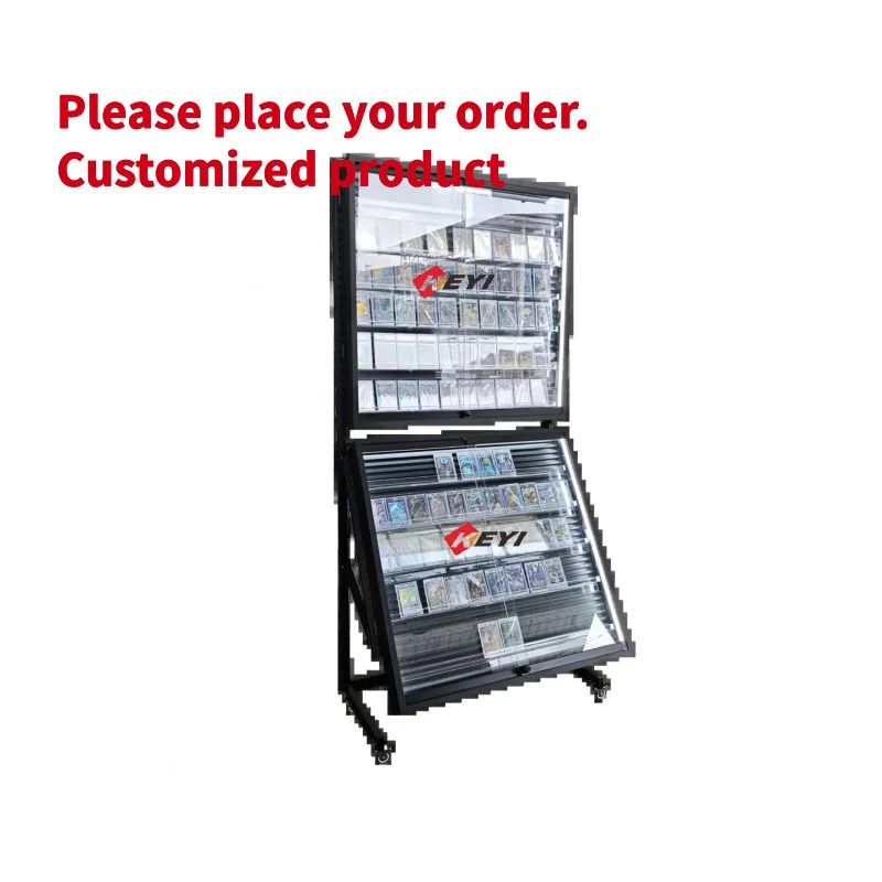 custom.Modern Trading Card Display Rack with Iron Metal Frame Powder Coated Rotating Wheels TCG Cards