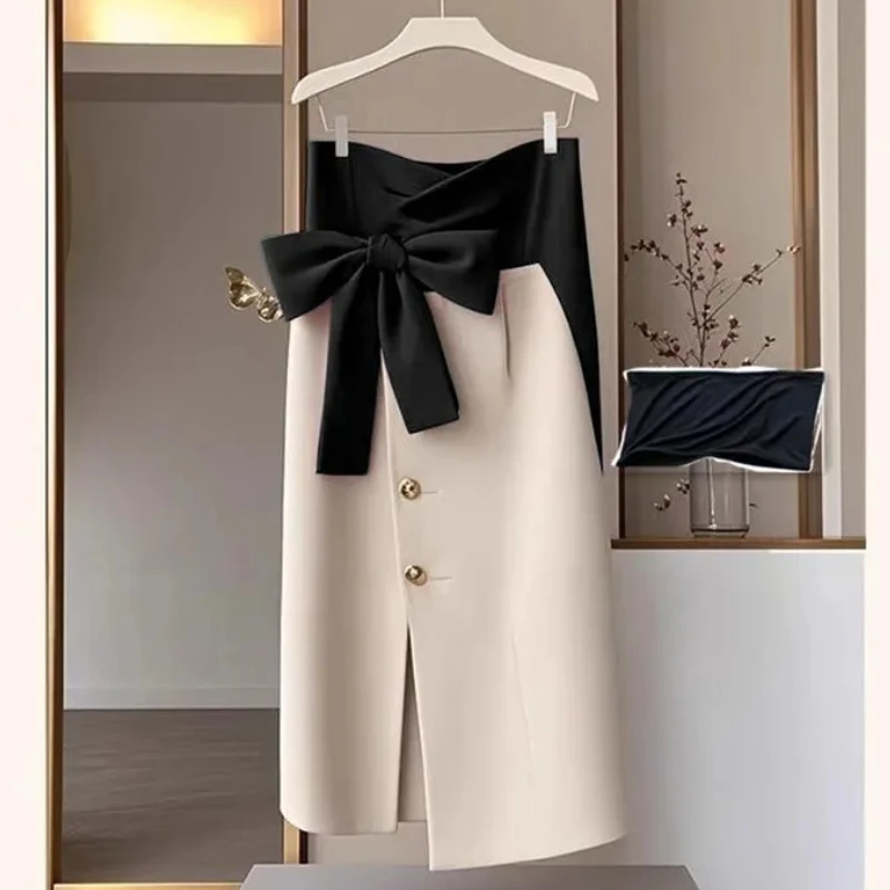 Korean Bow Party Skirt Spring New Fashion Single Breasted Elegant Office Lady Midi Jupe Women Slim Asymmetric Patchwork Faldas