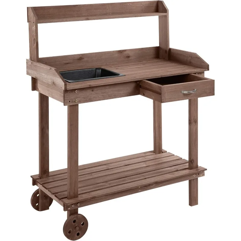 36'' Wooden Potting Bench Work Table with 2 Removable Wheels, Sink, Drawer & Large Storage Spaces, Brown