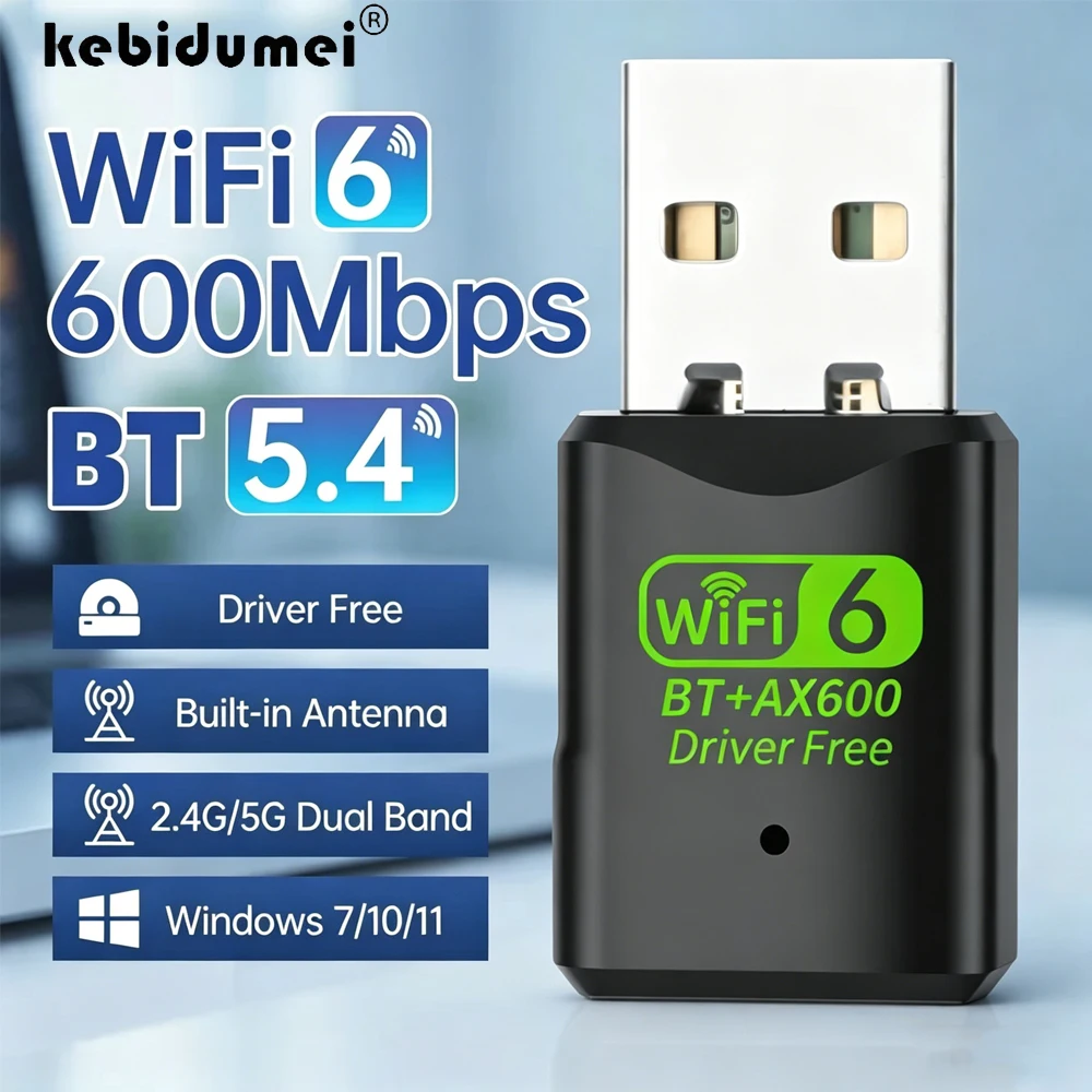 

KEBIDUMEI 600 Мбит/с WiFi 6 USB-адаптер беспроводной сети 2,4 ГГц/5 ГГц Bluetooth 5.4 USB Wi-Fi-адаптер без драйверов для ПК Win10/11