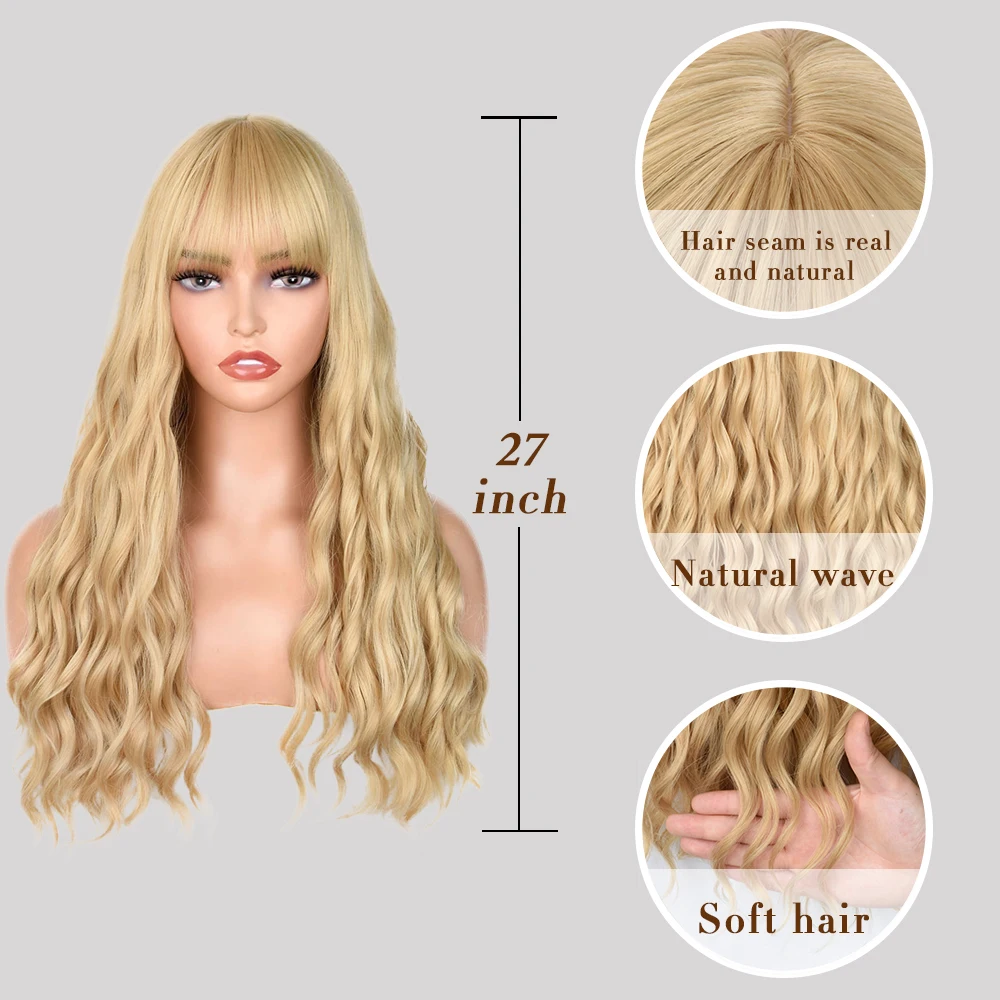 Long Wavy Natural Blonde Synthetic Wigs with Bangs For Women Body Wave Dark Brown Wigs Cosplay Daily Hair Heat Resistant