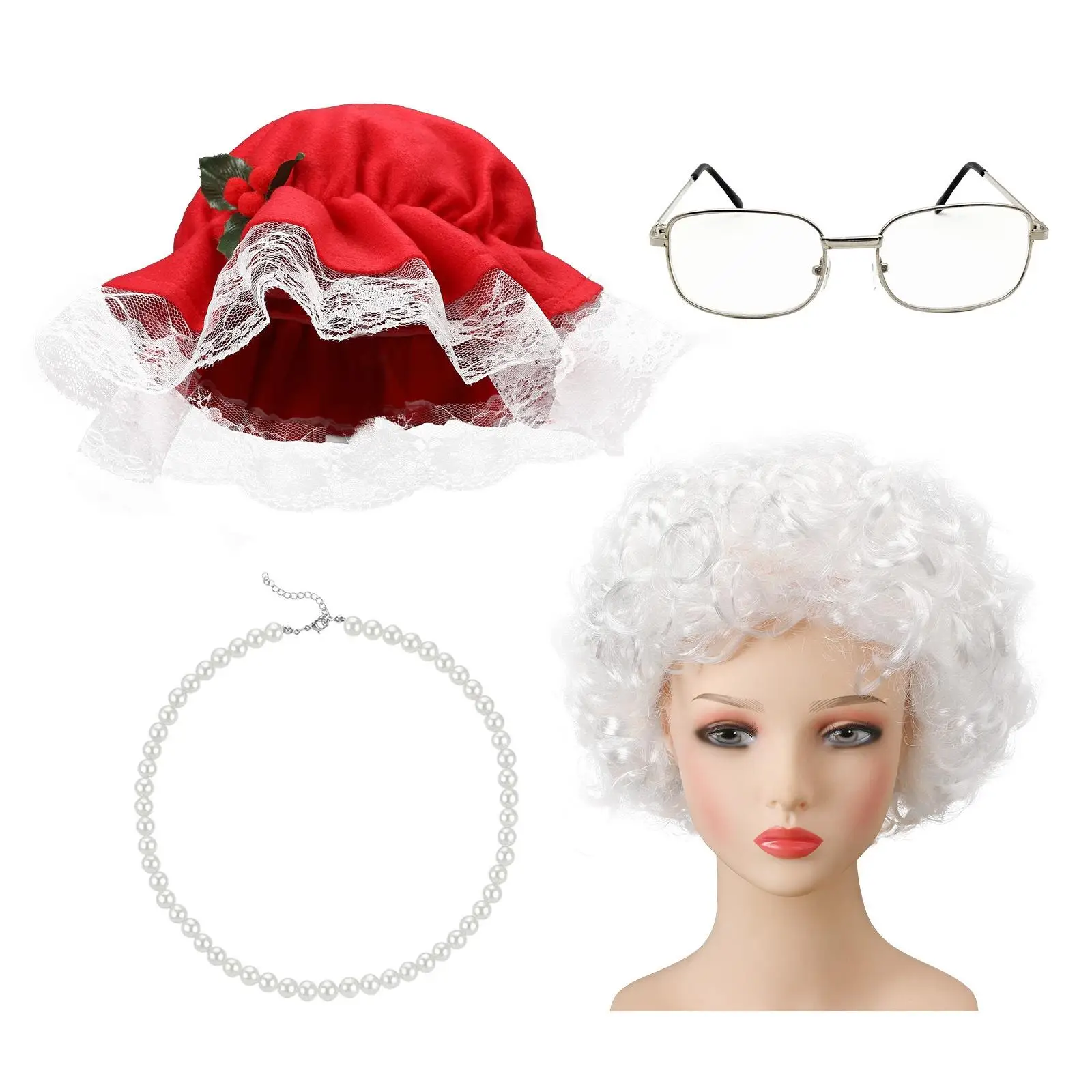 4 Pieces Christmas Costume Accessory Kit Playful Holiday Cosplay, voluminous Curled Texture, Santa Hat with hairpiece and
