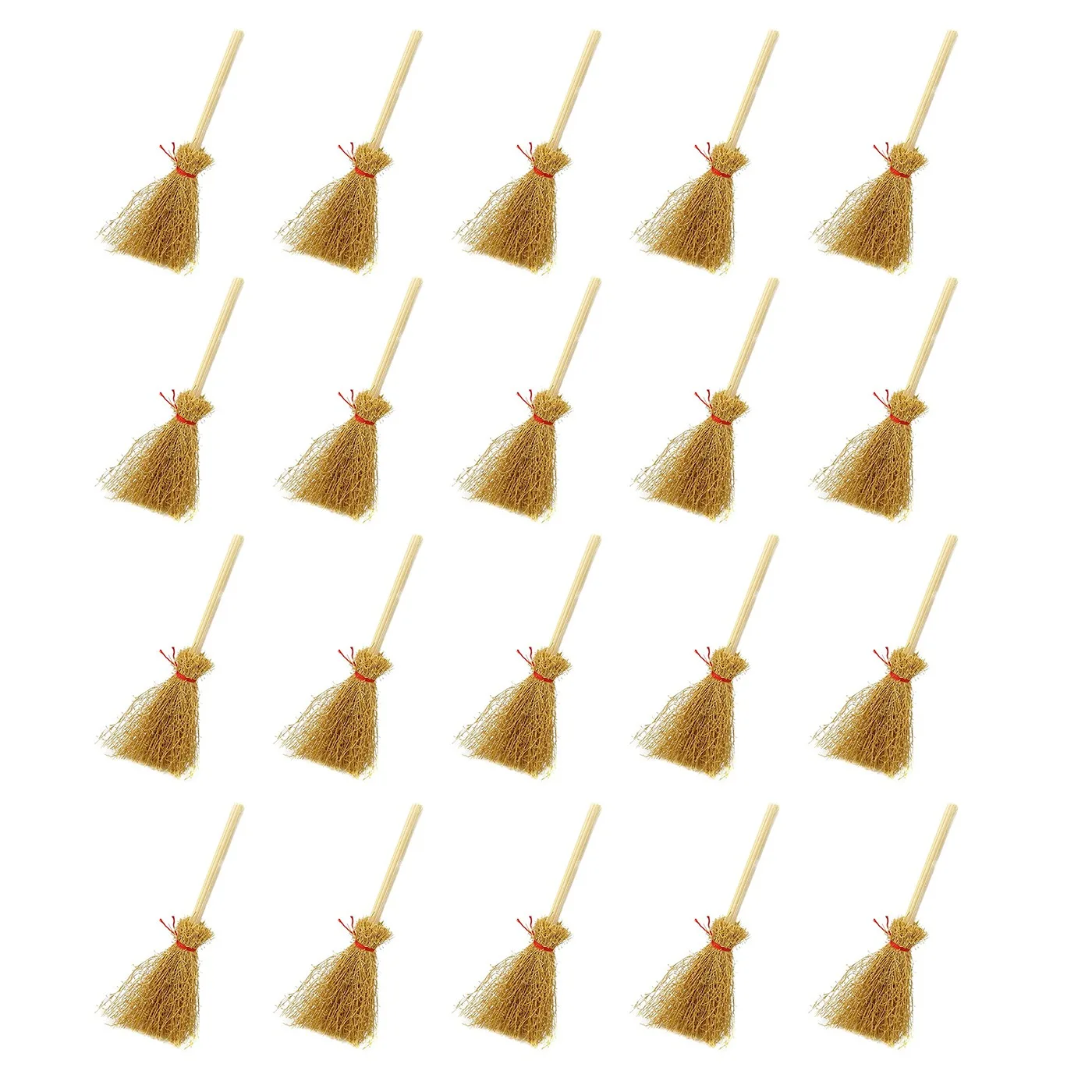 20Pcs Miniature Artificial Mini Straw Brooms with Red Ropes Halloween Straw Decoration Witches Party Decor Toy