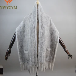 Luxo Knitting Genuine Mink Fur Shawl Lenço Com Tassel Mulheres Inverno Quente Natural Fur Cape Moda Feminina Ponchos Casual