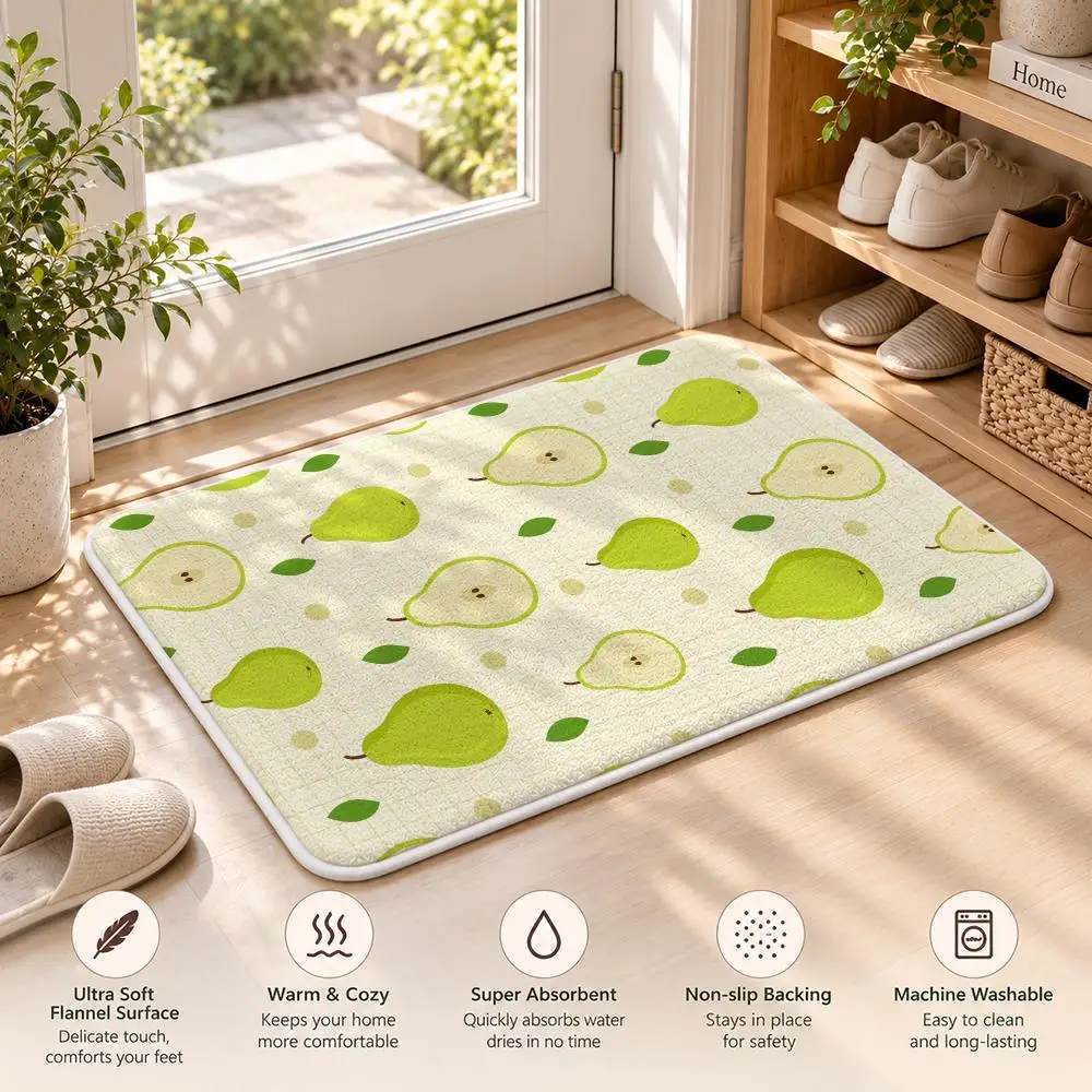 Modern Pear Fruit Green Floor Mat Flannel Rug Soft Non Slip Washable Door Mat For Bathroom Bedroom Kitchen Home Decor
