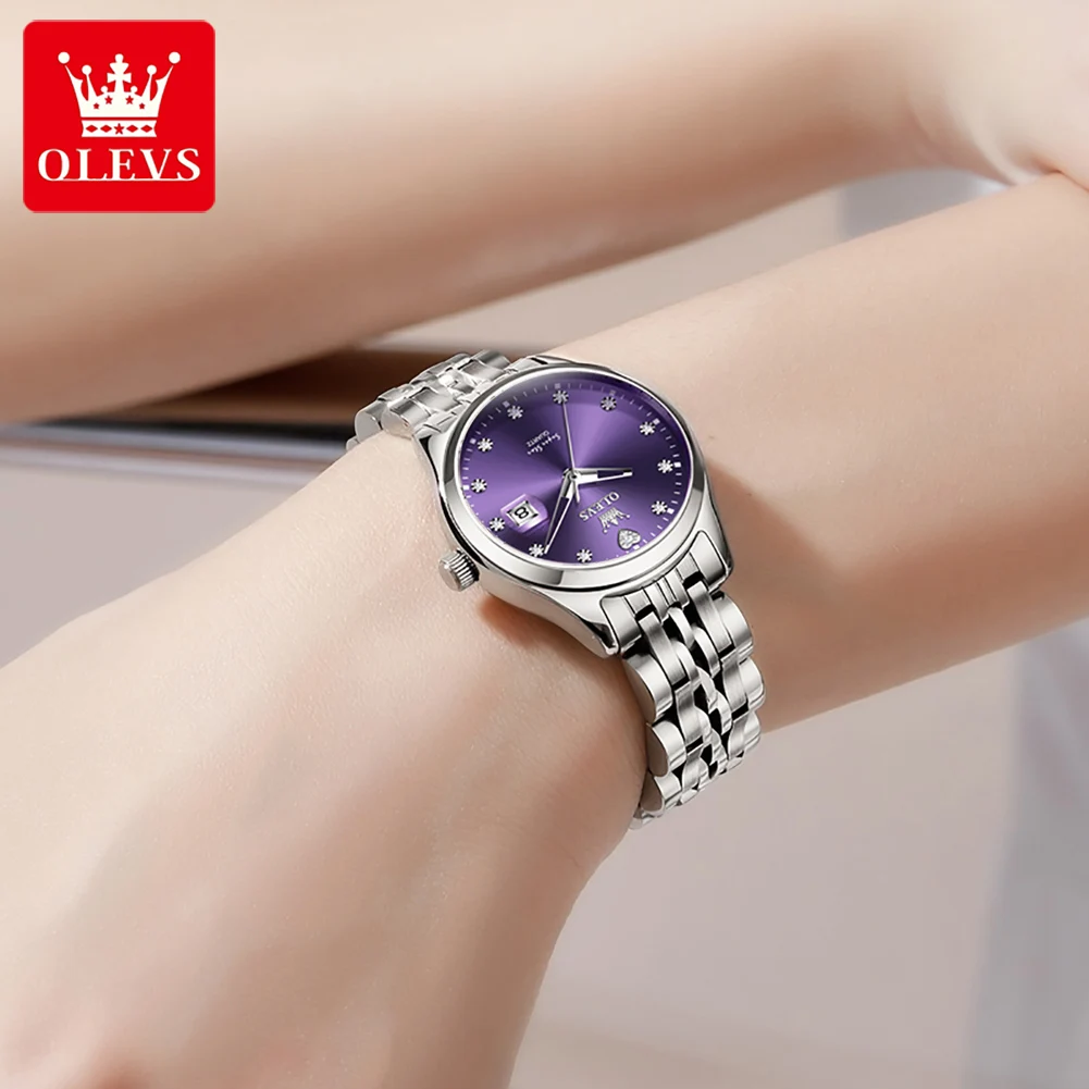 OLEVS ساعات نسائية أنيقة موضة الفولاذ المقاوم للصدأ العلامة التجارية الأعلى الأصلي كوارتز ساعة اليد لسيدة مقاوم للماء تاريخ كبير 5649 جديد