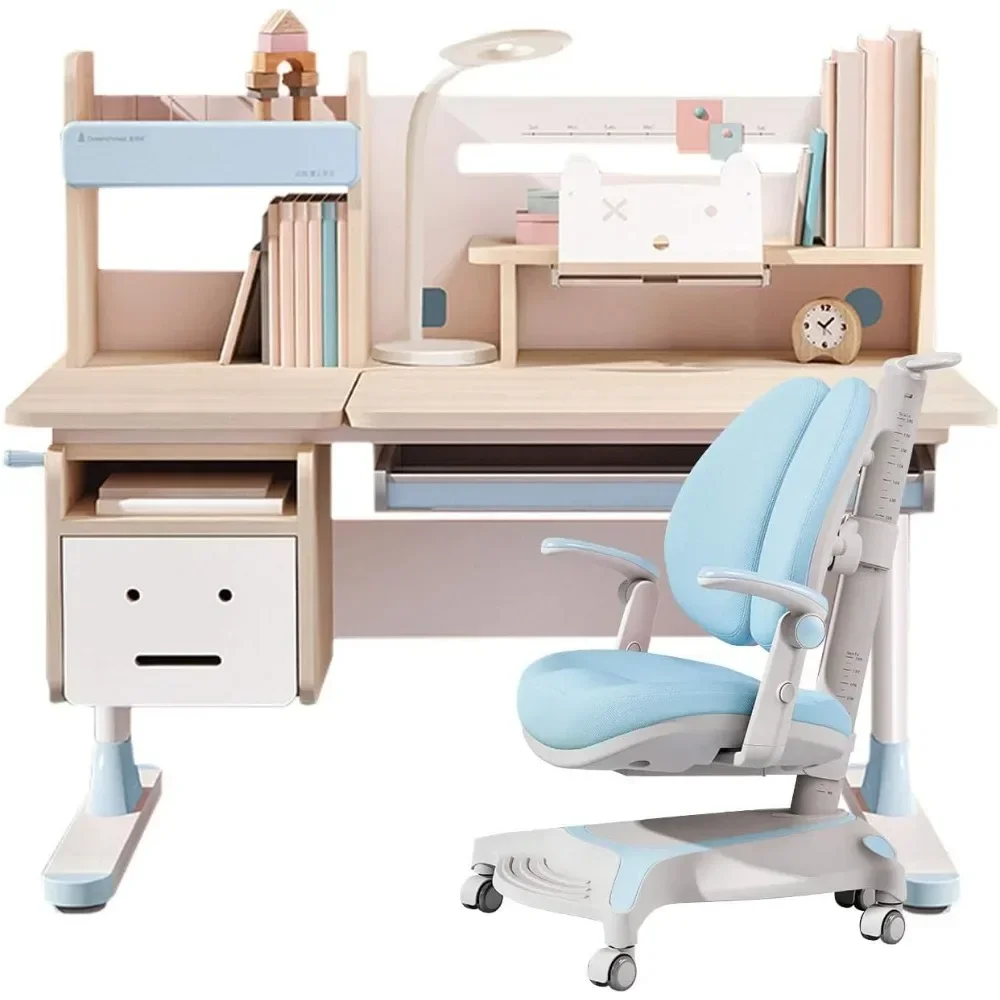 Kids Study Desk, Drafting Table Computer Station Built-in Bookshelf Hutch Multi-Function, Adjustable Height Kids Study Desk Set