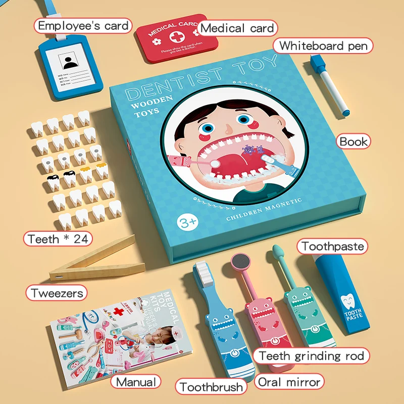 Children Doctor Toys Set Wooden Simulation Dentist Pretend Toy for Kids Early Education Tooth Role-playing Dental Medical Doctor