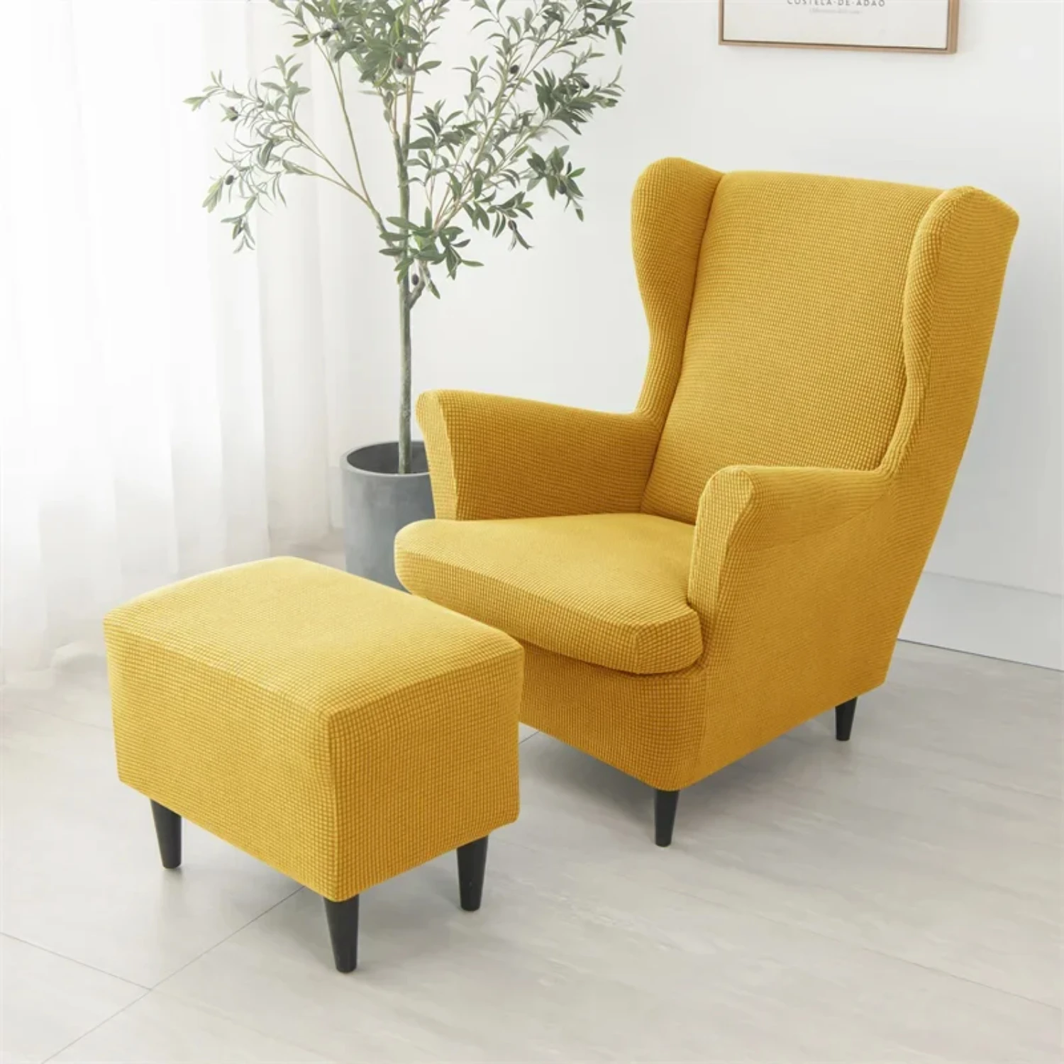 Elegant Solid Color Stretch Spandex Wing Chair Cover with Seat Cushion Cover, Elastic Sofa Slipcovers and Footstool Covers - Arm