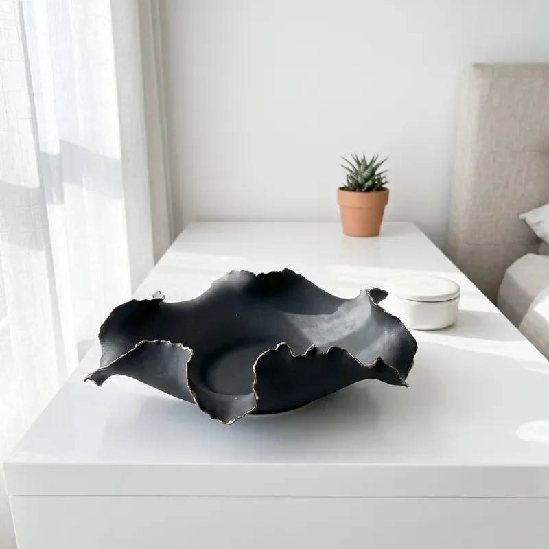 Black irregular ceramic decorative plate handmade ornament home crafts
