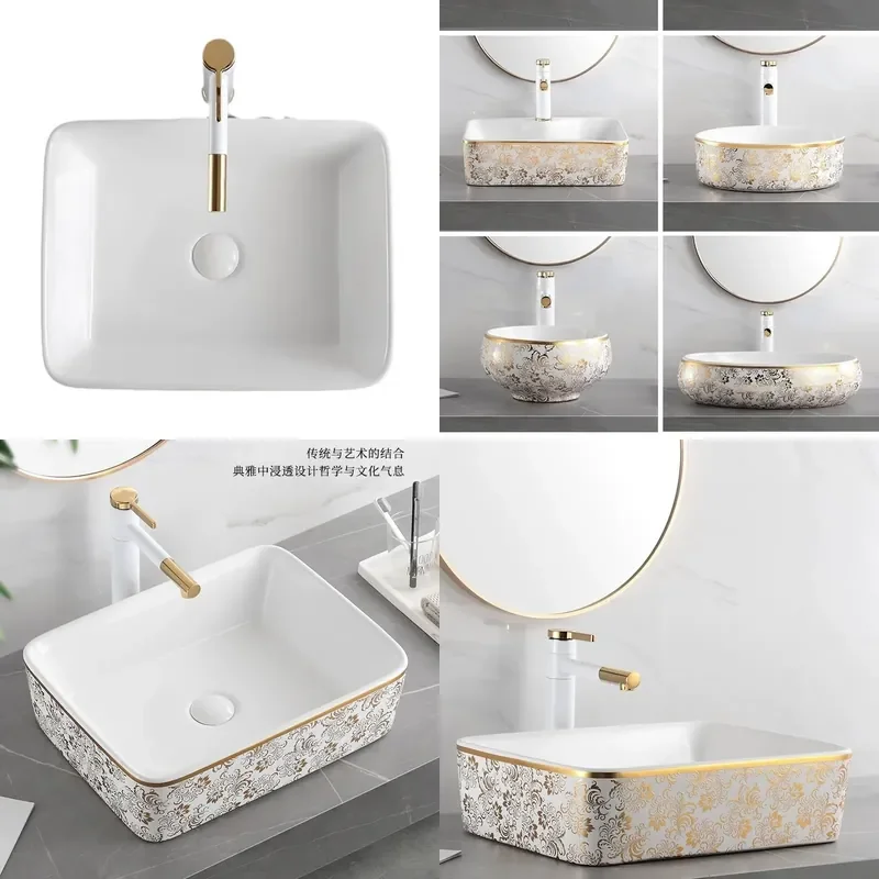Gold Electroplated Ceramic Oval Vessel Sink Square Bathroom Countertop Washbasin Modern Vanity Basin for Home Decor
