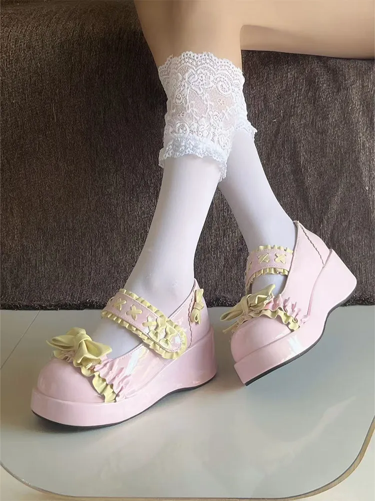Sweet Lolita Platform Mary Jane Shoes Women Ruffle Bow X Stitch Decor Round Toe Wedge Heel Patent Leather Shoes