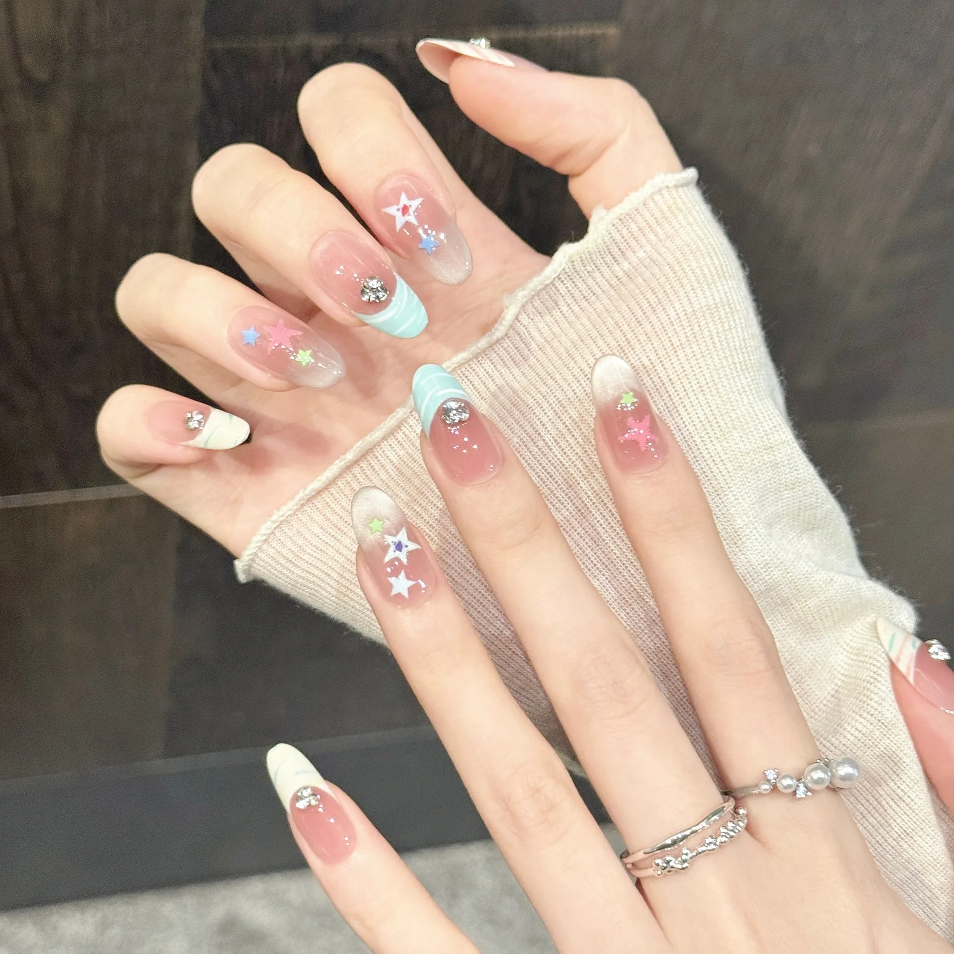 10PCS Oval Handmade Press On Nails, Dopamine Cat's Eye Nail Patch Color Star Sweet Girl, Suitable for Parties and Daily Wear. view 2