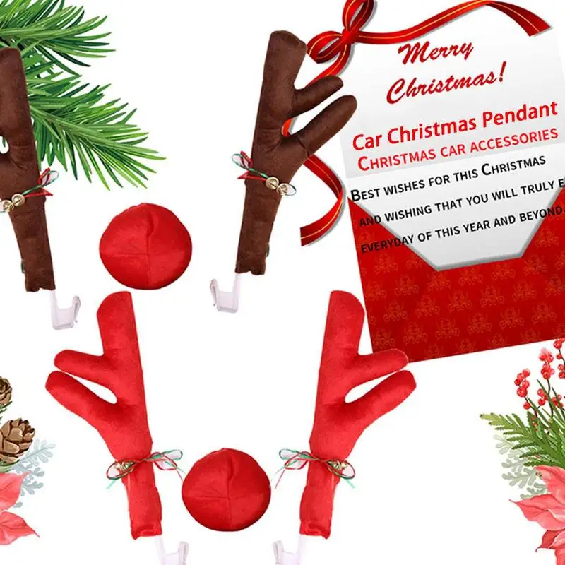 Christmas Costume Auto Ornaments Deer Horn Car Exterior Decoration Decor Set Elk Rudolph Antler Car Reindeer Red Nose