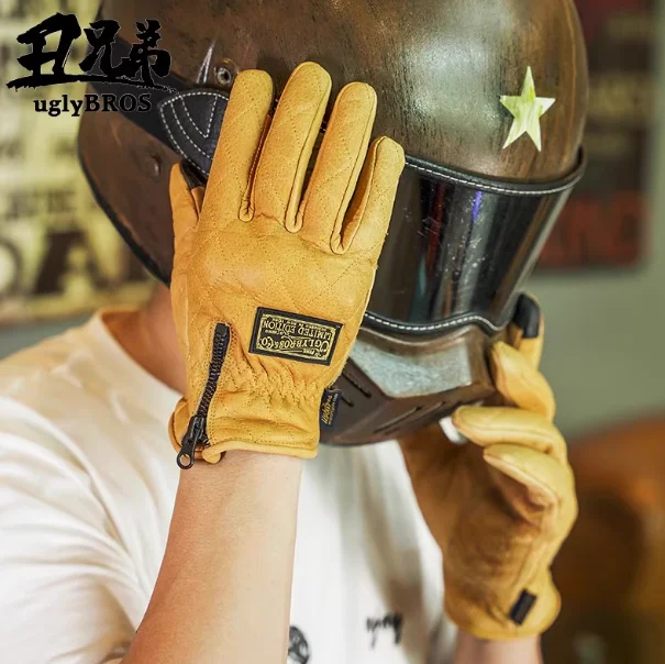 Uglybros Genuine Leather Retro Motorcycle Gloves Protection Touch Screen Vintage Moto Motorbike Gloves