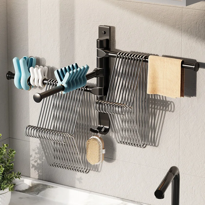 Clothespin Hanger Storage Rack Multi Bar Hanging Clothes Shelf Space Aluminum Hanger Organizer Bathroom Balcony Folding Hook Rod