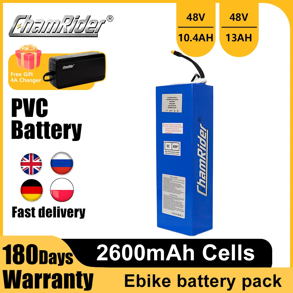 Lithium Battery Chamrider PVC Battery 48V 10.4AH 13AH Ebike battery BMS  battery 30A 18650 Cells For Electric bike