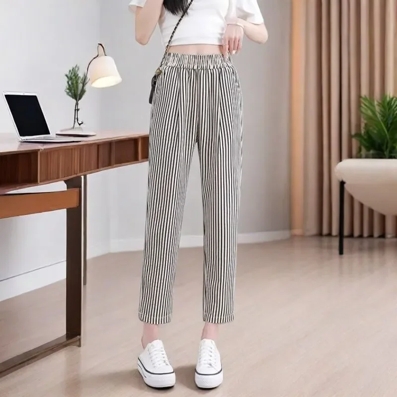 

Women's Summer Thin Vertical Striped Loose Fit Straight Leg Pants High Waist Nine Points Casual Trousers Korean Style