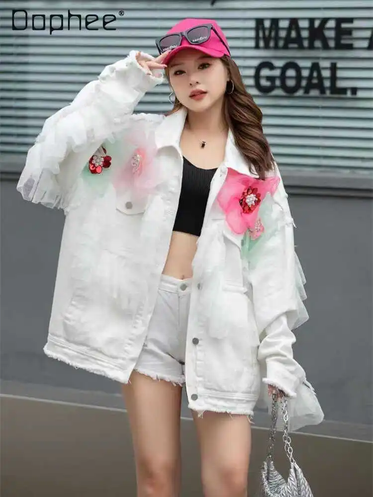 

Fashion Embroidery 3d Flower White Denim Jacket Women Spring Autumn Heavy Industry Mesh Stitching Single-Breasted Loose Top