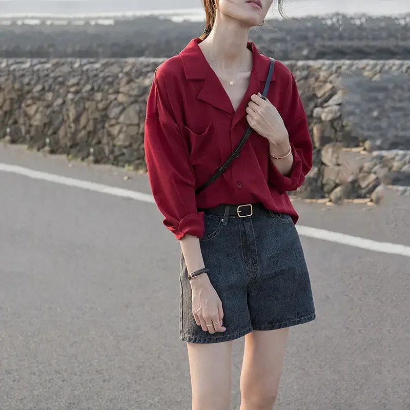 Collar Formal Clothes Office Outfits Womens Shirt & Blouse Red Loose Button Up Wear To Work Tops for Women White S Vintage Cool