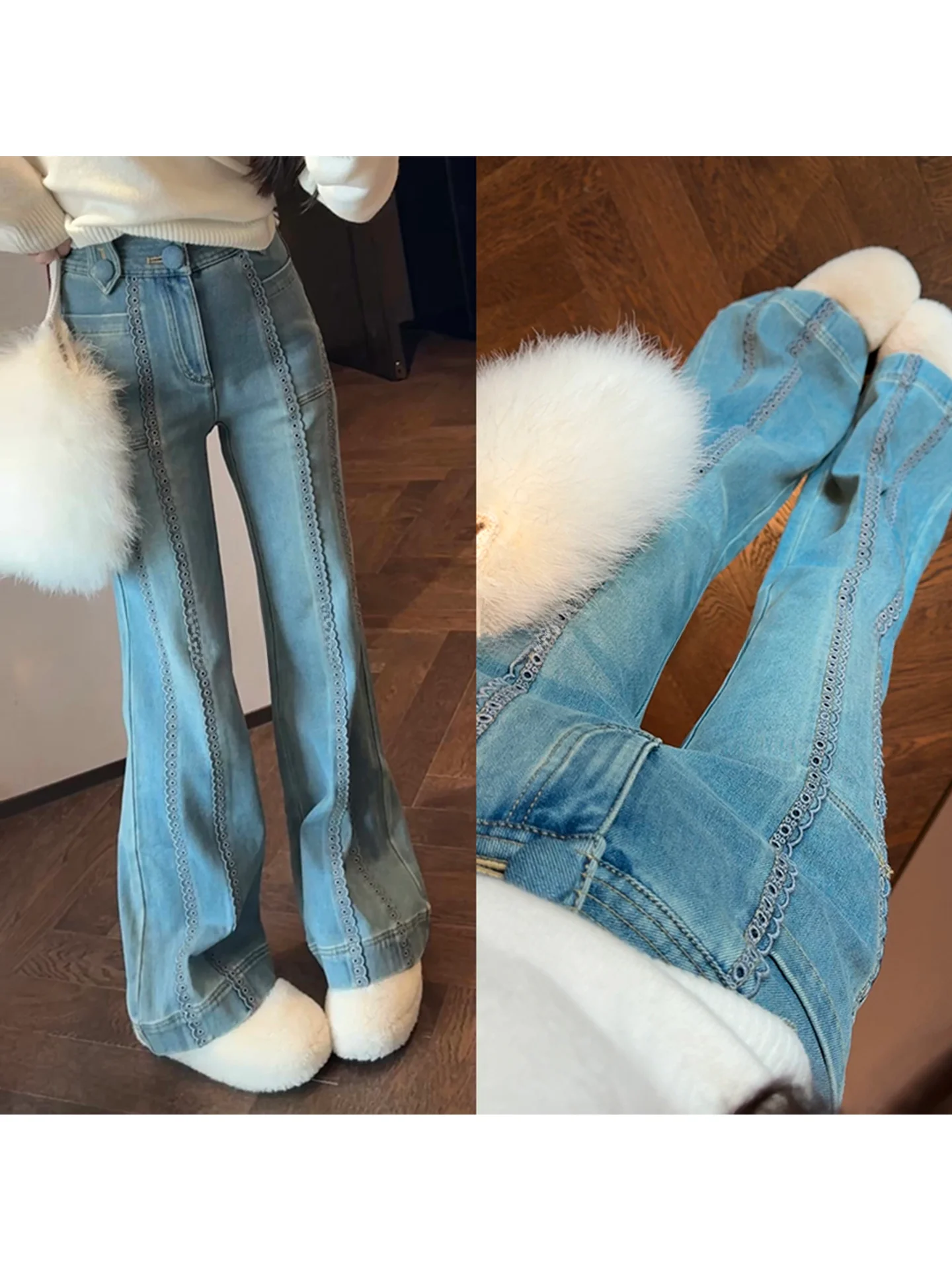 

Женские зимние джинсы-клеш с высокой талией, утепленные, в стиле ретро, с декоративными вставками, винтажные, с эффектом похудения