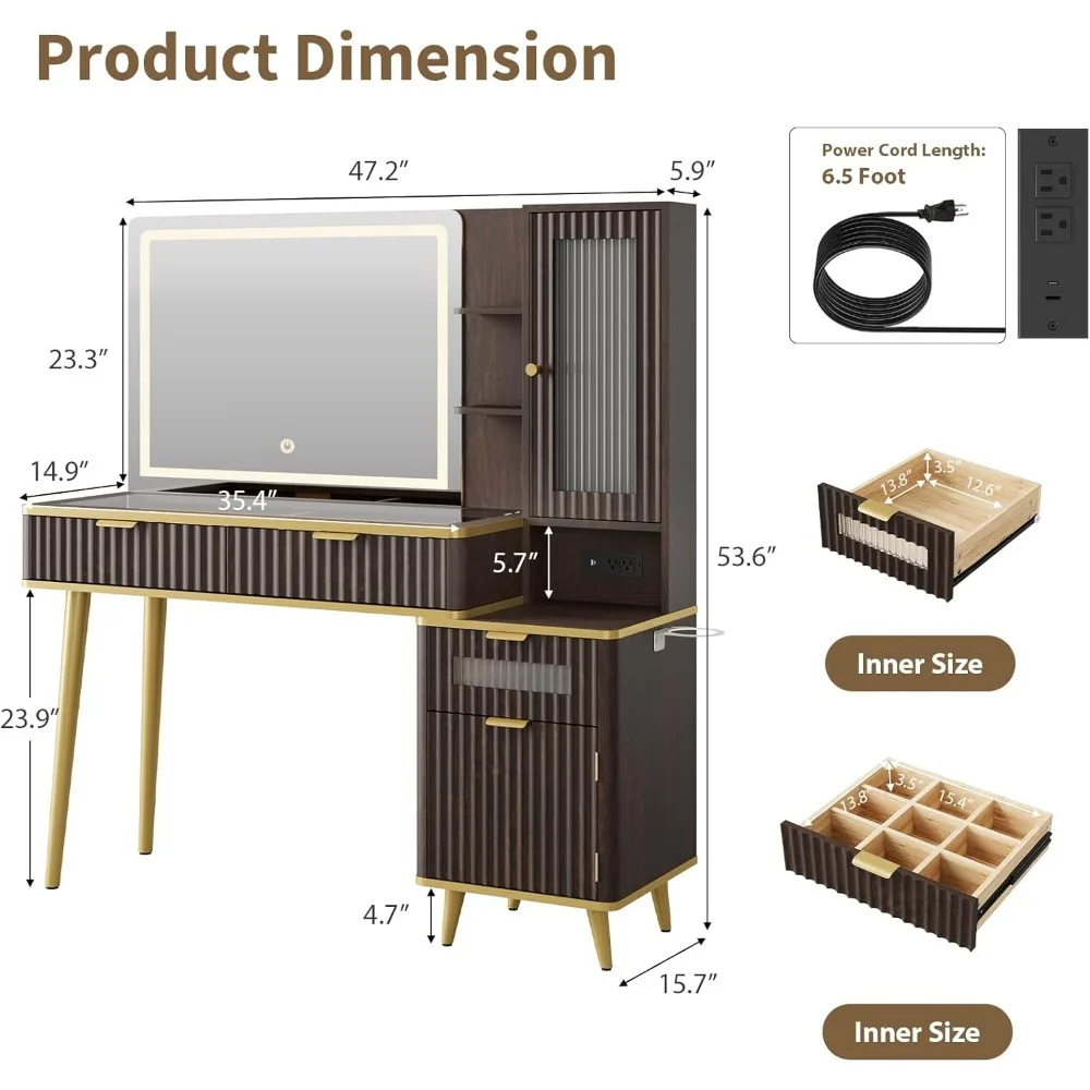 モダンなガラス天板の化粧台、フルーテッドデザイン、LED照明付きミラー、充電ステーション付き