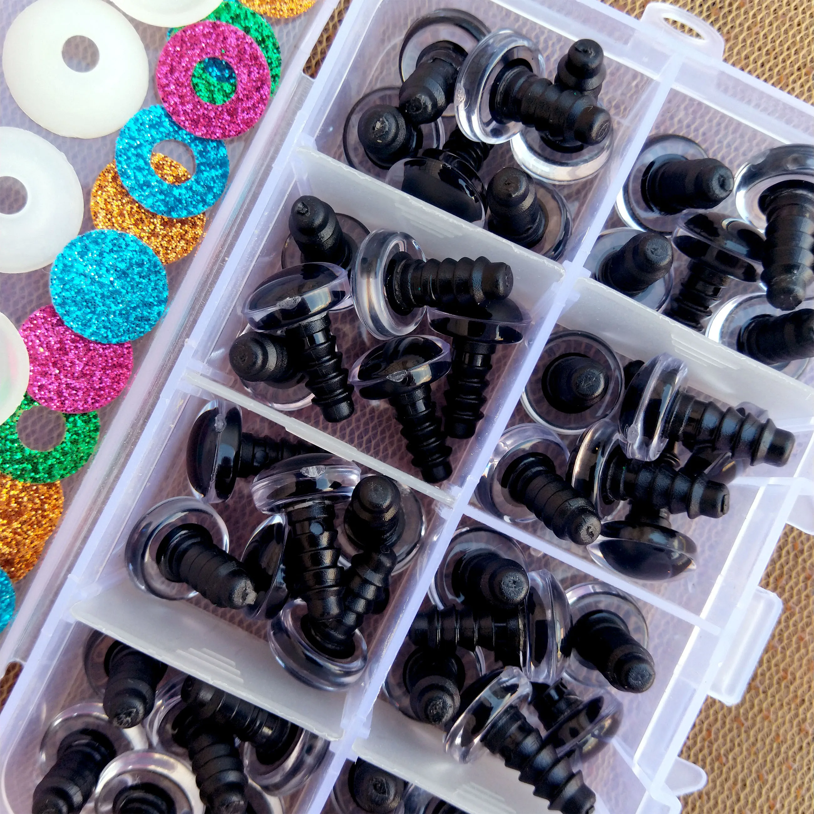 Hohe Qualität 48 stücke 3D Glitter Plüsch Kunststoff Sicherheits Augen Für Spielzeug Amigurumi Puppe Machen Augen Für Puppen Mix tier Box 12mm – Detail 3