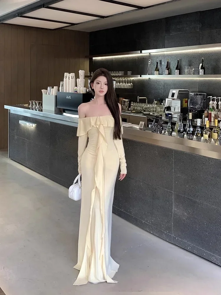 Robe longue fourreau à manches longues pour femmes, robe fendue pour dames, col slash drapé, robe éducative, à la mode, nouveau, printemps