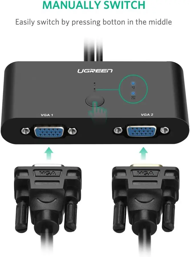 UGREEN VGA 2 in 1 Out Switch 2 Port Audio Video Switcher Box with Manual Switch Button Support 1920x1080P@60Hz for PC TV Monitor