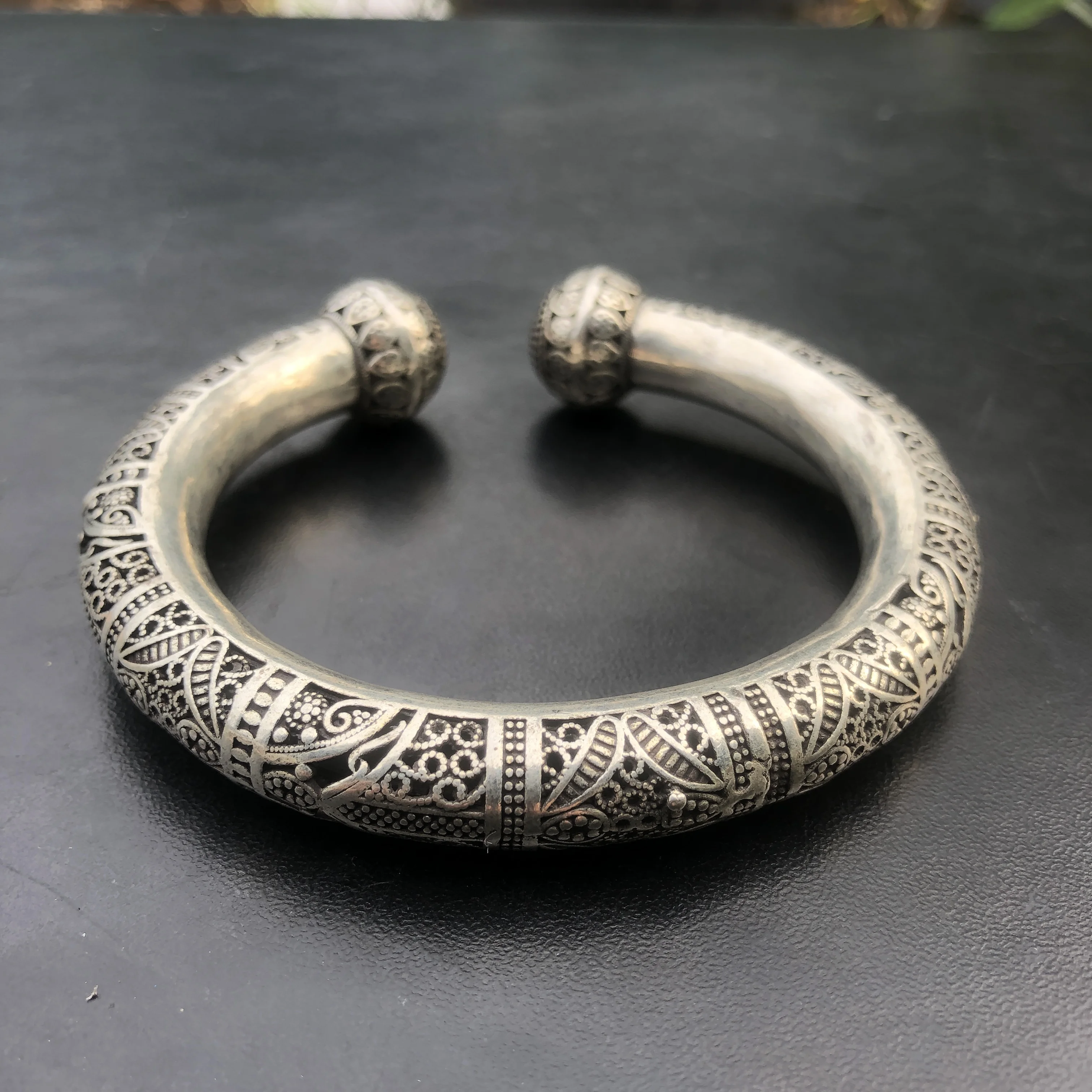 Vintage Miao Style Open Cuff Bangle, Antique Silver‑Tone Hollow Filigree Carved Bracelet, Ethnic Folk Round Ball End Cuff Wrist