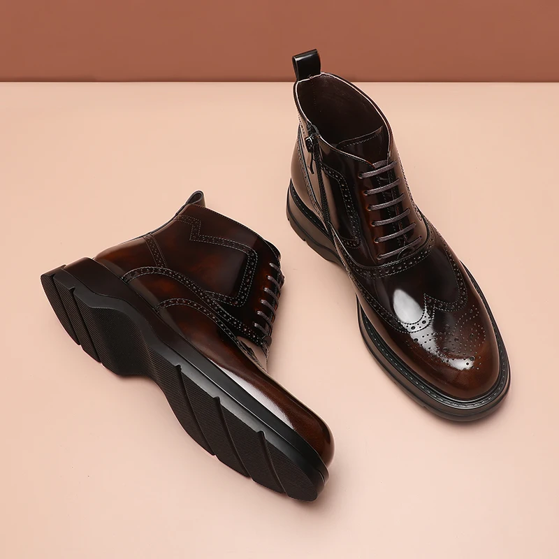 

Winter New Men's Business Casual Leather Shoes Round Toe Lace Up High Top Chelsea Boots