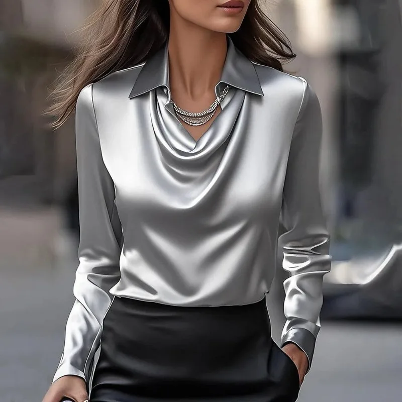 

Elegant Women Glossy Shirt Top Y2K Long Sleeve Turn Down Collar Folds T-shirt Work Office Blouse Metallic Streetwear