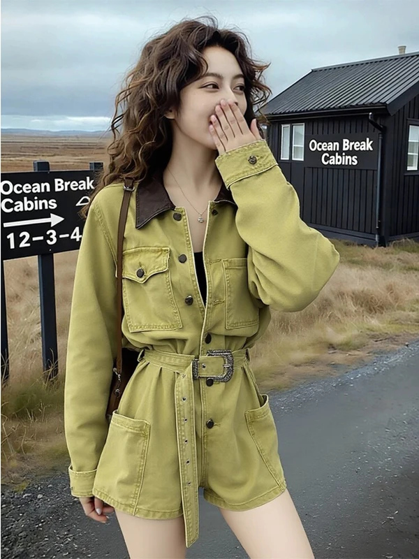 Spring 2026 High Waist Green Romper Women's Casual High Fashion Lazy Style Elegant Goddess Look One-Piece Suit Ladies' Pants