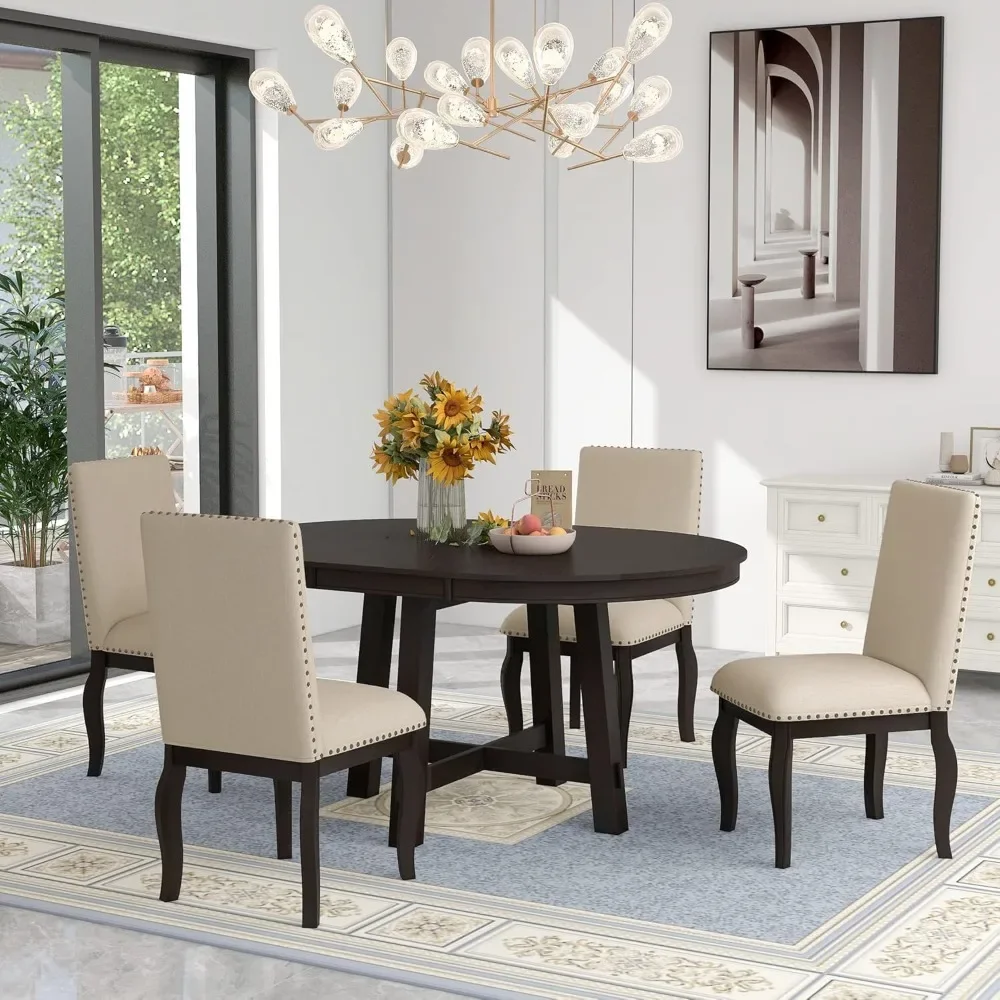 

5 Piece Dining Table Set, Wood Round Extendable Tables and 4 Upholstered Chairs, Dining Table Set