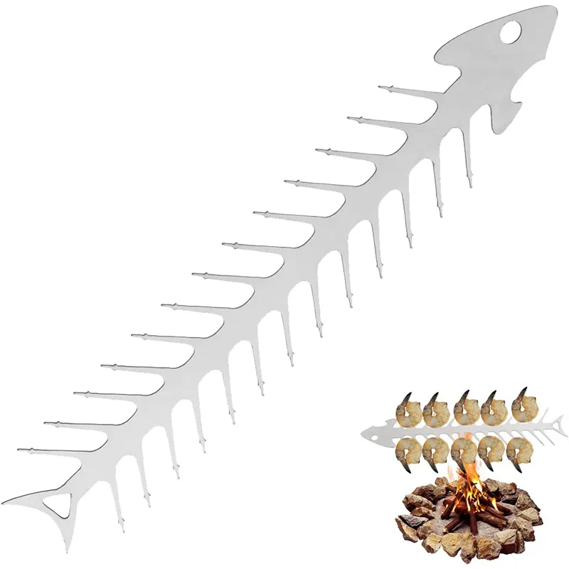 11.8 Inch Stainless Steel Barbecue Stick Reusable Fish Bone Shape Grilling Skewer Outdoor Campfire BBQ