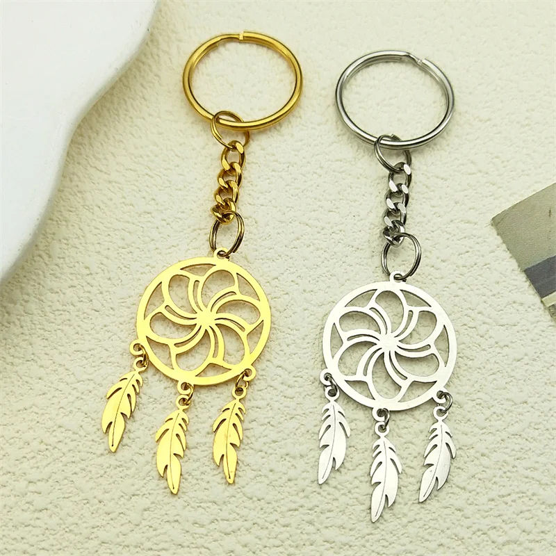 

Authentic Stainless Steel Bohemia Jewelry Dream Catcher Key Chain for Women Men Gold Silver Color Female Feather Lotus Jewelry