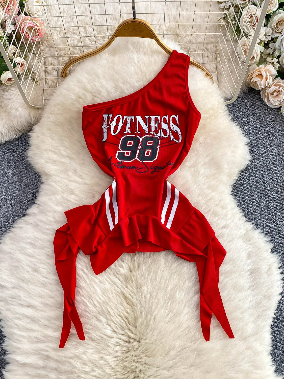 

Sexy American Sle Spicy Girl Asymmetrical Collar Strap Women's Slim Fit Letter Print Hem Ruffle Top Trendy Casual Wear