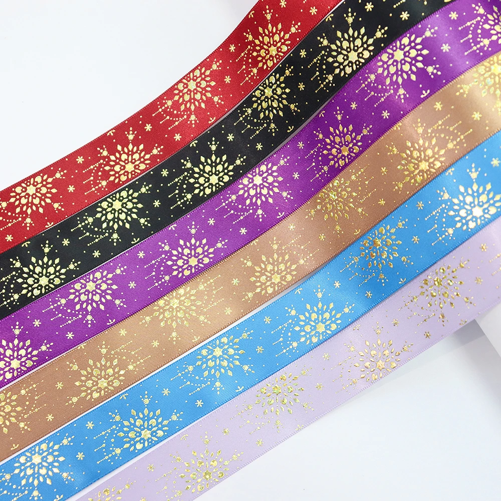 1'' 25mm Laser Gold Foil Snowflake Printed Satin Ribbon For Party Decoration Christmas Gift Packaging DIY Sewing Accessories