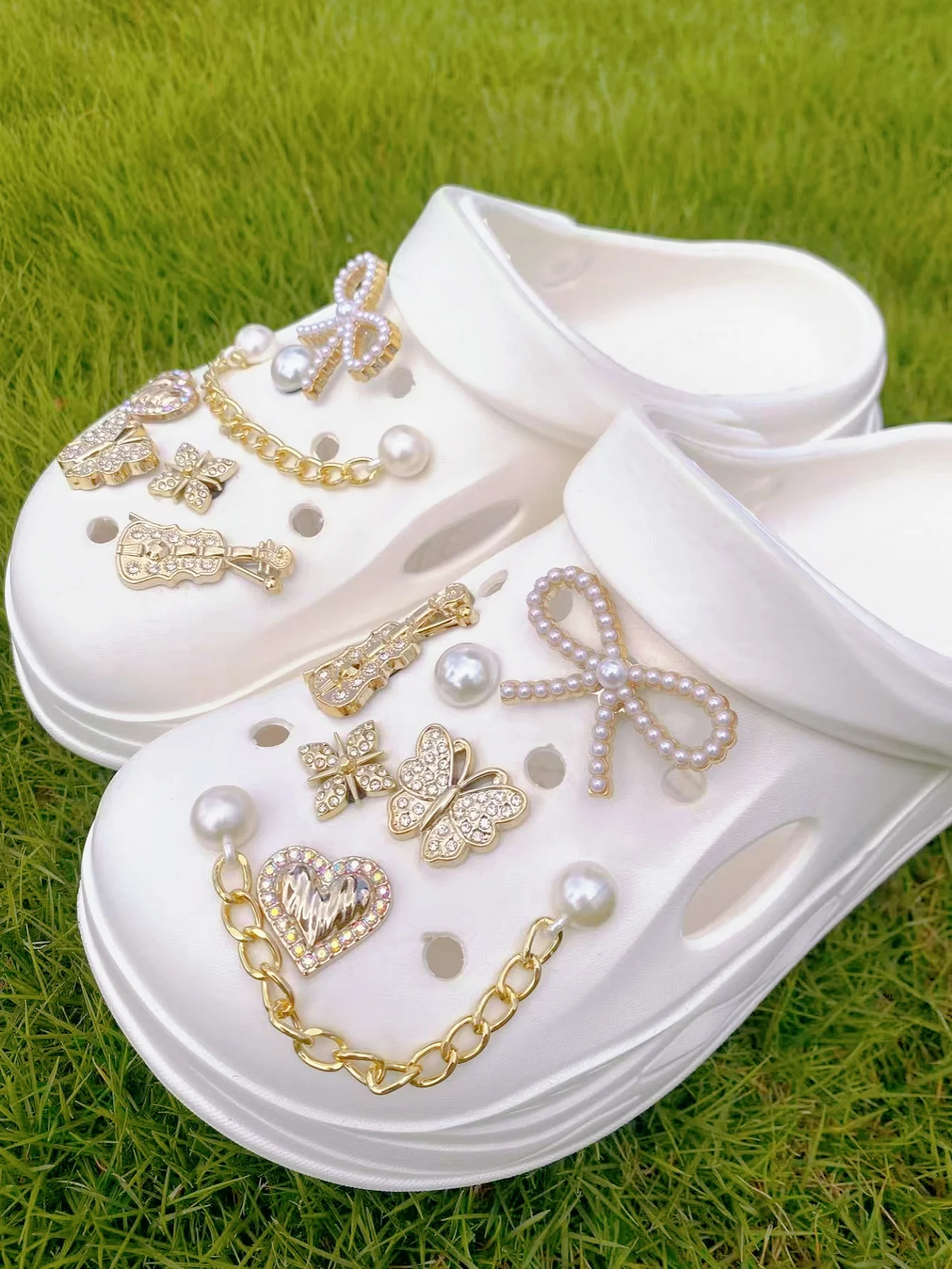 골든 ABS 비드 체인 14개, 활, 바이올린, 하트, 나비, 비즈 및 기타 ABS 수지 신발 버클, DIY 장식