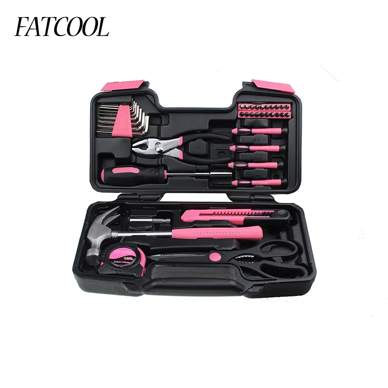 FATCOOL 39 Piece DIY Household Home Hand Tool Set Screwdrivers Pliers Hammer Wrenches Measure Tape Band Hard Storage Box